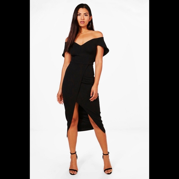 🆕️ LISTING!! BOOHOO OFF SHOULDER WRAP MIDI DRESS - Picture 3 of 16